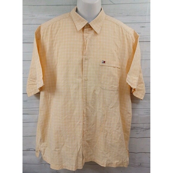 Tommy Hilfiger Short Sleeve Button Up Shirt Plaid XL Cream Yellow - Picture 1 of 6
